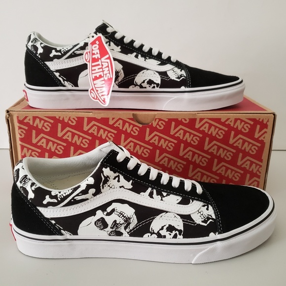 vans old skool skulls black & white skate shoes